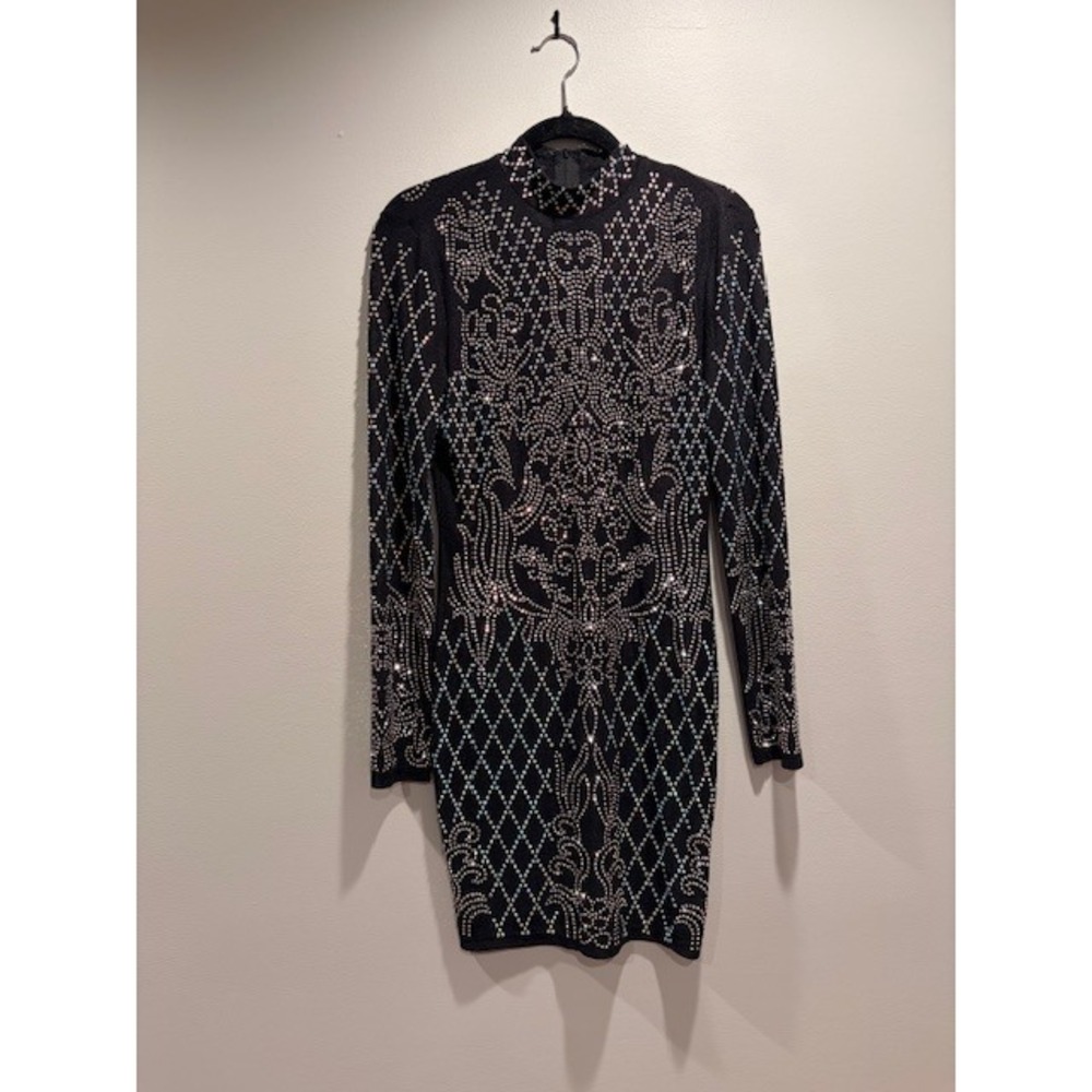 NWOT Rhinestone Mock Neck Long Sleeve Micromeshi Bodycon Dress
